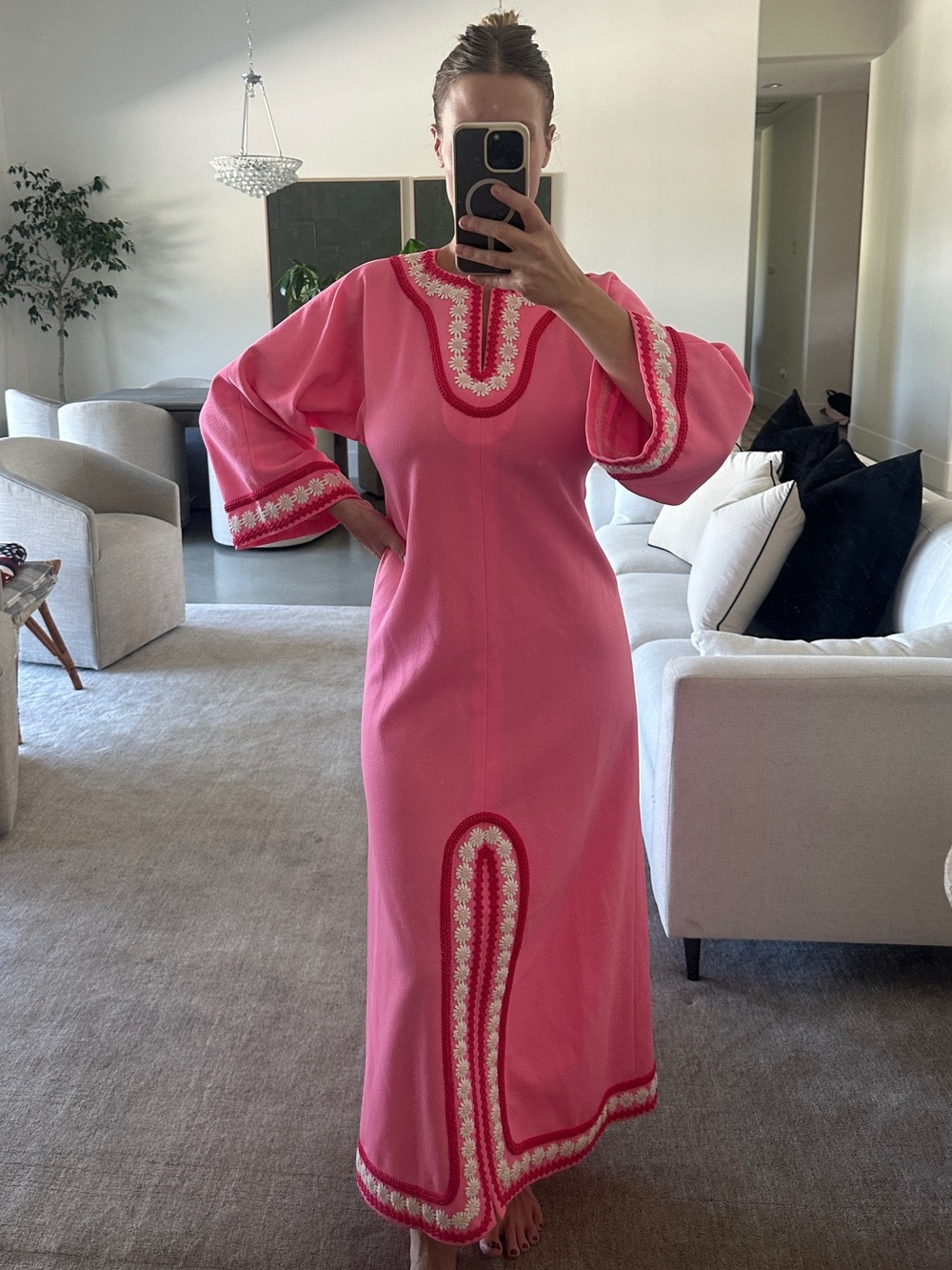 Vintage Maxi Pink Embroidered Caftan Dress